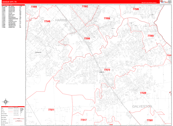 League City City Digital Map Red Line Style